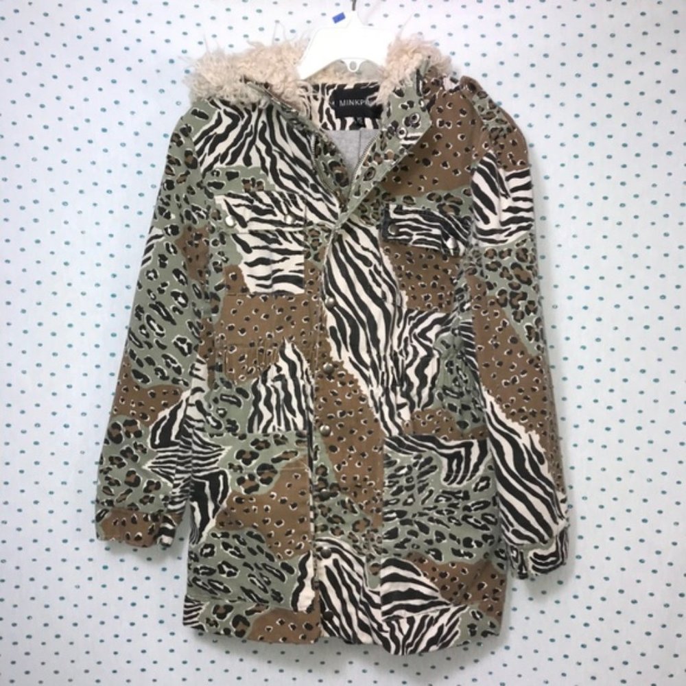 MINKPINK Ambush Animal Print Hooded Coat w/ Fur Hood Lining